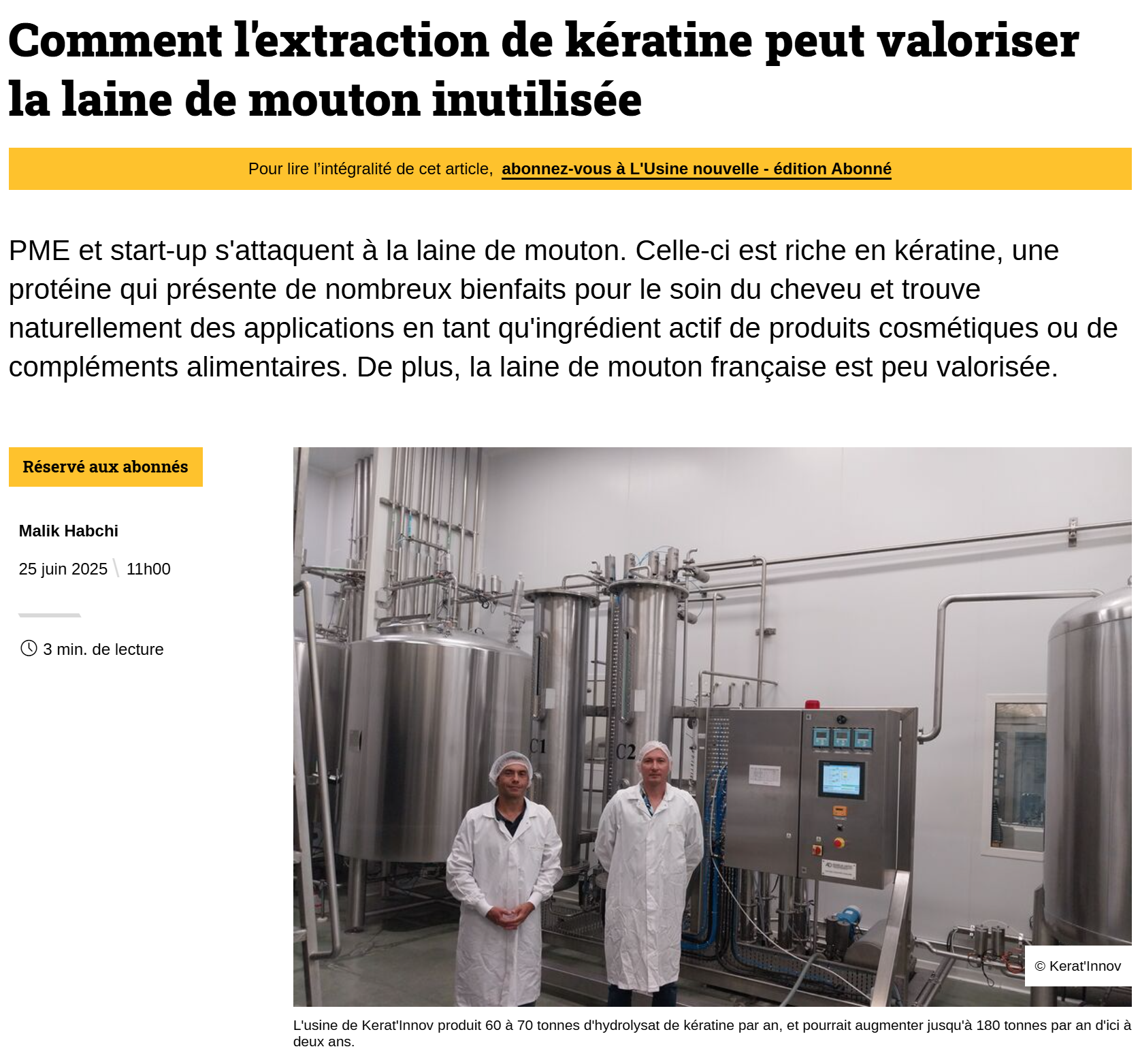 article usine nouvelle keratinnov revalorisation de la keratine