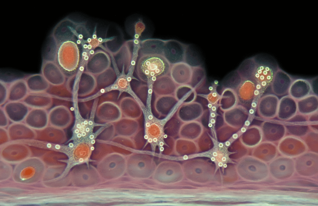 melanocytes dans le corps humain de façon réelle et en version scientifique melanine melaline melatine